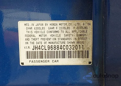 2004 Acura Tsx z USA, uszkodzony, nr VIN JH4CL96884C032011